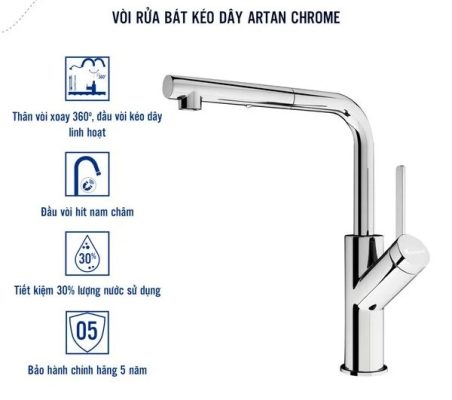 Vòi rửa bát dây rút Konox Artan Chrome